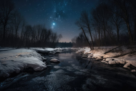 ice-covered river, with view of the night sky and stars visible above, created with generative aiの素材