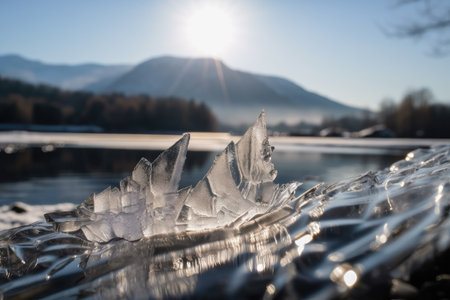 close-up of delicate ice crystals on river, with view of distant mountains in the background, created with generative aiの素材