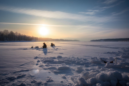 ice fishing on frozen river, with view of the horizon in the background, created with generative aiの素材