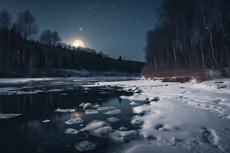 frozen river, with view of the moon and stars above, during winter night, created with generative aiの素材