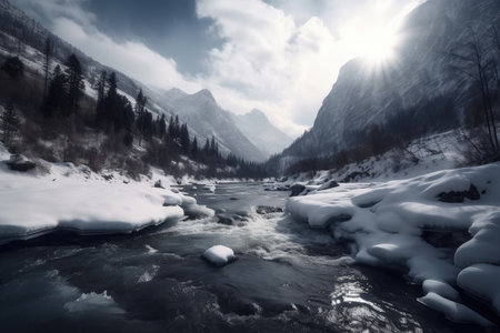 frozen river surrounded by dramatic mountain landscape, created with generative aiの素材