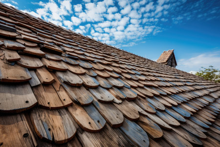 close-up of wooden shingle roof, with a view of the blue sky above, created with generative aiの素材