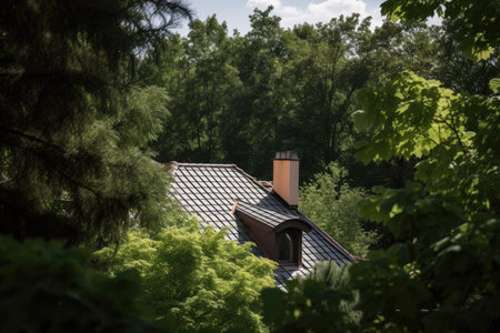 a view of the roof of a new house, surrounded by greenery and trees, in the peaceful countryside, created with generative aiの素材