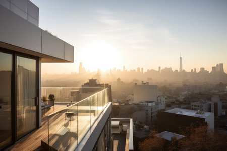 stunning rooftop view of city skyline with modern house in the background, created with generative aiの素材
