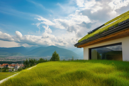 roof of new house with view on green grass, mountains and blue sky, created with generative aiの素材