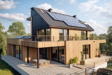 new house with solar panels on the roof and view of sprawling city skyline, created with generative aiの素材