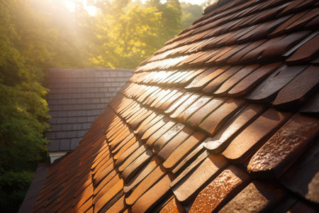 close-up of roof, with the sun shining through the shingles, created with generative aiの素材