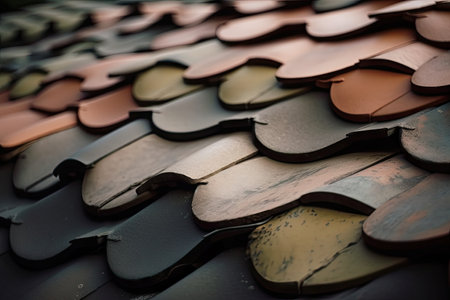 close-up of roof tiles, with their distinctive design and color scheme, on new house, created with generative aiの素材