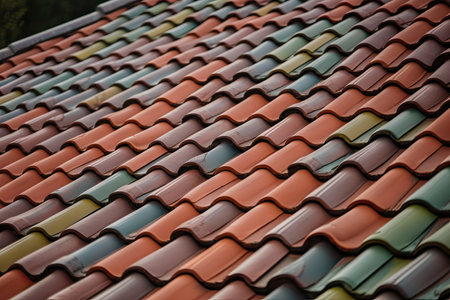 close-up of roof tiles, with their distinctive design and color scheme, on new house, created with generative aiの素材