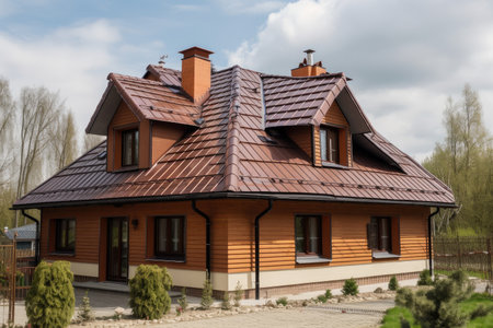 new house with roof of metal and wooden shingles, near the garden, created with generative aiの素材