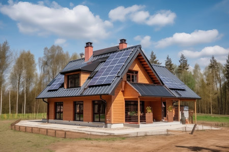 new house, with roof made of polycarbonate and solar panels on the roof, designed for self-sufficiency in terms of energy, created with generative aiの素材