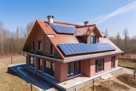 new house, with roof made of polycarbonate and solar panels on the roof, designed for self-sufficiency in terms of energy, created with generative aiの素材
