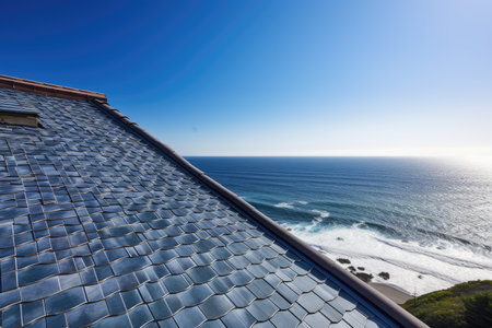 roof of new house with view of the sparkling blue ocean waves, created with generative aiの素材