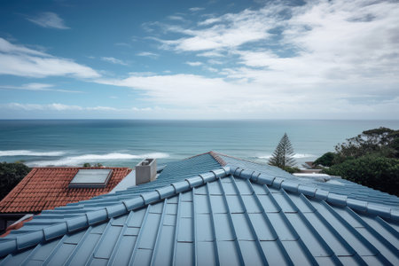 roof of new house with view of the sparkling blue ocean waves, created with generative aiの素材