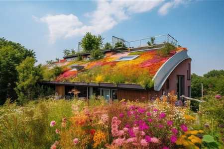 colorful roof with rooftop garden in contemporary house, surrounded by greenery and blooming flowers, created with generative aiの素材
