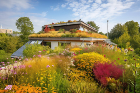 colorful roof with rooftop garden in contemporary house, surrounded by greenery and blooming flowers, created with generative aiの素材