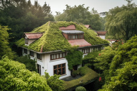 a view of a house with its new roof, surrounded by greenery, created with generative aiの素材