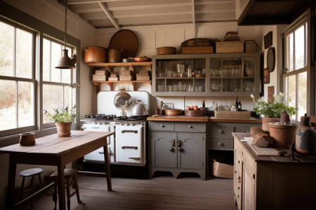 rustic cottage kitchen with simple yet classic design, and vintage appliances, created with generative aiの素材