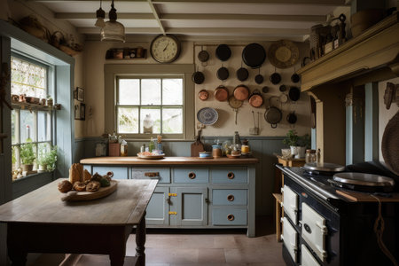 rustic and cottage-style kitchen, with vintage style appliances and knickknacks, created with generative aiの素材