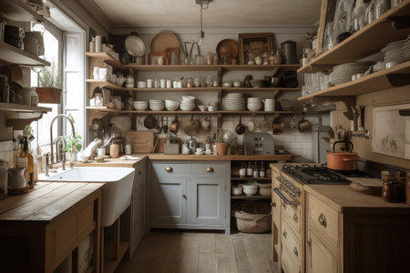 rustic and cottage-style kitchen with open shelving, baking dishes, and cookware, created with generative aiの素材