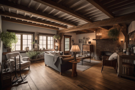 rustic and cottage-style room with vintage accents, exposed beam ceilings and warm lighting, created with generative aiの素材