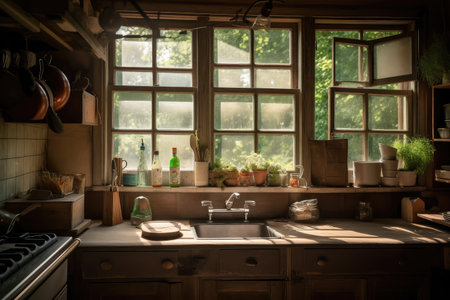 rustic kitchen with natural light shining in through the window and vintage or farmhouse-style appliances, created with generative aiの素材