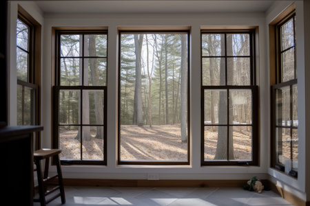 large window with view of the woods and cottage porch visible, created with generative aiの素材