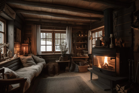 rustic cottage with cozy fireplace and vintage decor for winter, created with generative aiの素材