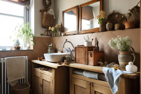 rustic and cottage-style bathroom, with wooden cabinets, natural textures, and eclectic mix of accessories, created with generative aiの素材