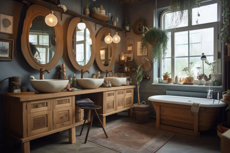 rustic and cottage-style bathroom, with wooden cabinets, natural textures, and eclectic mix of accessories, created with generative aiの素材