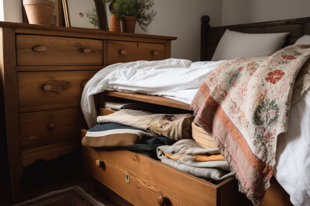 rustic wooden dresser with crisp and colorful linens, in cozy cottage bedroom, created with generative aiの素材