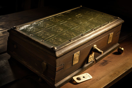 safe deposit box, with carefully written document and wax seal on top, created with generative aiの素材
