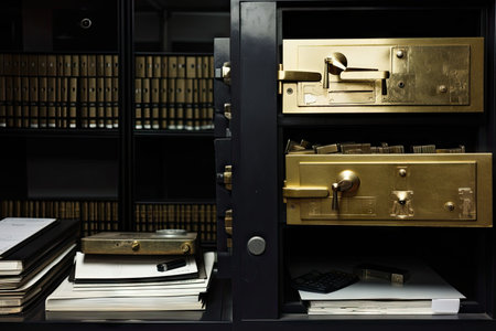 safe deposit box with combination lock, surrounded by stacks of files and documents, created with generative aiの素材