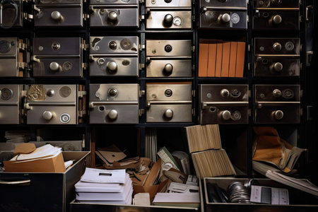 safe deposit box with combination lock, surrounded by stacks of files and documents, created with generative aiの素材