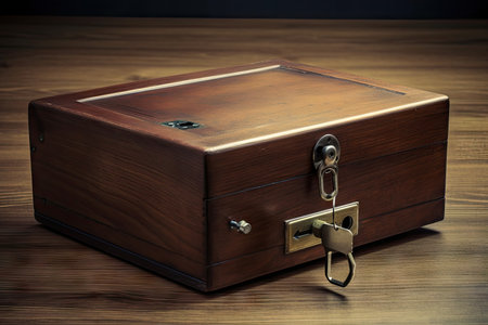 safe deposit box, with key and combination visible, on a wooden surface, created with generative aiの素材