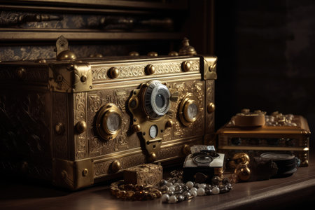 safe deposit box with combination lock, full of jewelry and other precious objects, created with generative aiの素材