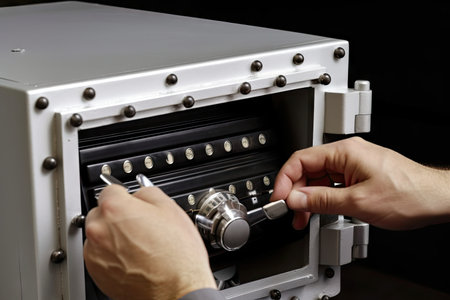 safe deposit box with combination lock, being opened by hand, created with generative aiの素材