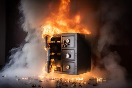 safe deposit box, surrounded by fire and smoke, in burning bank, created with generative aiの素材