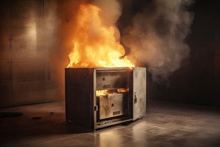 safe deposit box, surrounded by fire and smoke, in burning bank, created with generative aiの素材