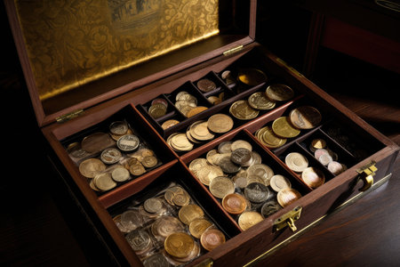 safe deposit box containing collection of rare coins, including golden dollar and half-eagle, created with generative aiの素材