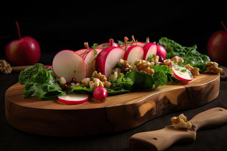 salade with radishes, apple and hazelnuts on wooden plate, created with generative aiの素材