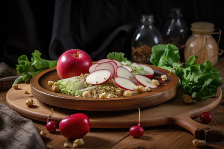 salade with radishes, apple and hazelnuts on wooden plate, created with generative aiの素材