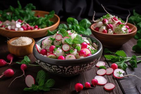 salads with fresh and crunchy radish for a healthy snack or light meal, created with generative aiの素材