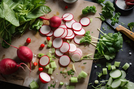 fresh radish sliced and paired with other fresh ingredients for simple, yet flavorful salad, created with generative aiの素材