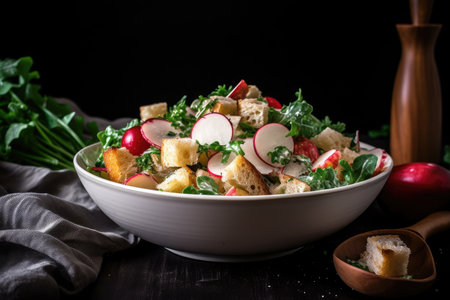 side view of bowl of radish salad, garnished with fresh herbs and croutons, created with generative aiの素材