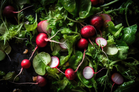 the intricate texture of radish and greens in salad, created with generative aiの素材
