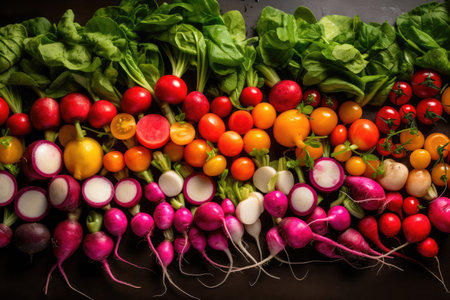 rainbow of different colored radishes in salad, created with generative aiの素材