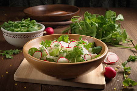 fresh, crunchy salad with radish and herbs on wooden table, created with generative aiの素材