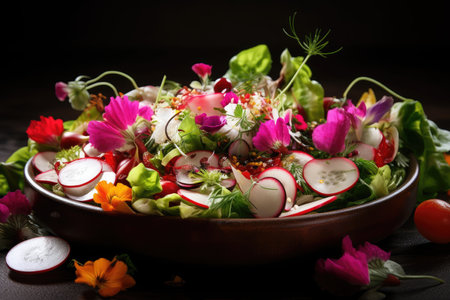 close-up of artfully arranged salad with radish and other fresh ingredients, created with generative aiの素材