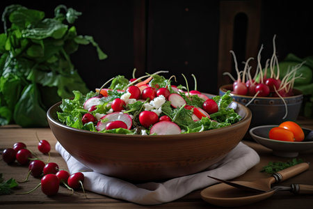 salad with radish, vegetables and berries in bowl on wooden table, created with generative aiの素材